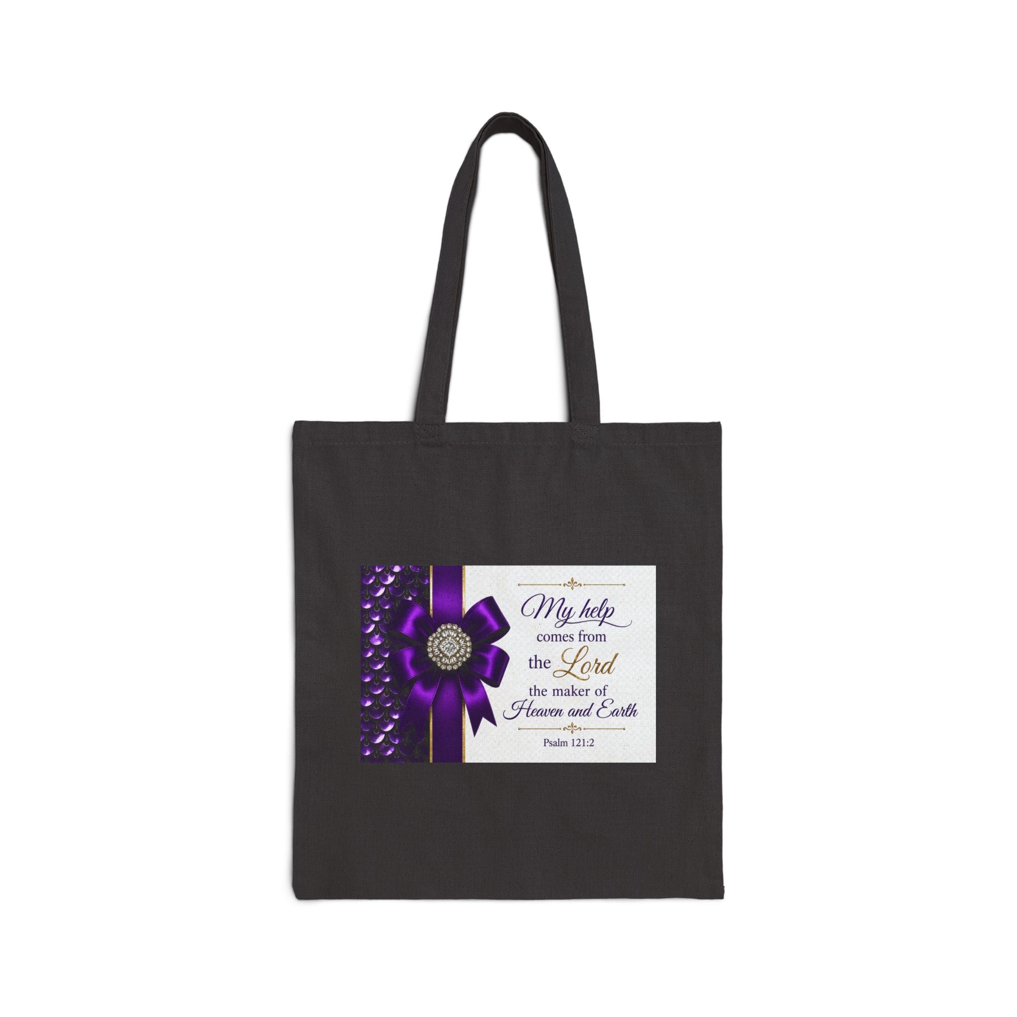 Purple Ribbon Floral Faith Tote Bag | Psalm 121:2 Scripture Quote