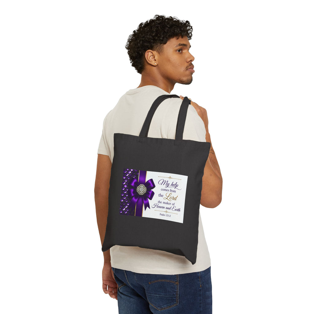 Purple Ribbon Floral Faith Tote Bag | Psalm 121:2 Scripture Quote