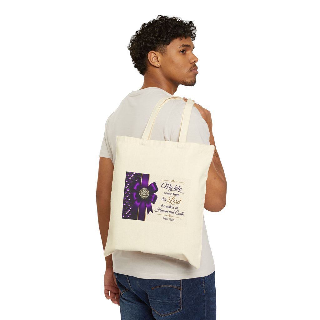 Purple Ribbon Floral Faith Tote Bag | Psalm 121:2 Scripture Quote